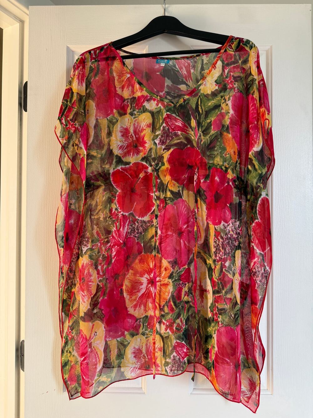 Kai Hibiscus Floral Cinch-Waist Caftan Resort Beach Vacation Cover Up